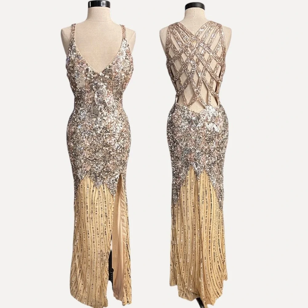 Gold Silver Sequin Formal Gown High Slit Maxi Dress MEDIUM Holiday Prom Party